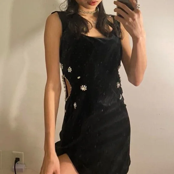 Velvet Rhinestone Mini Dress - Picture 1 of 4